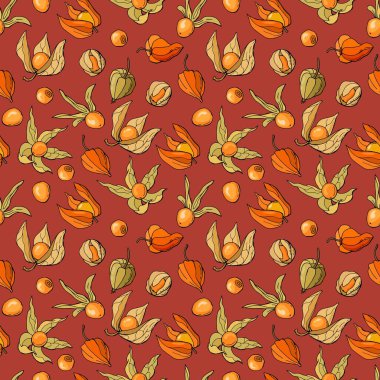 Hand-drawn seamless pattern with physalis berries. Design for fabric, textile, wallpaper, packaging. clipart