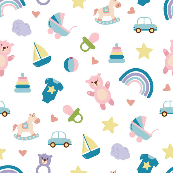 Baby pattern with child's toys, objects. Seamless pattern with baby things. Design for fabrics, textiles, wallpaper, packaging, children's room decoration.