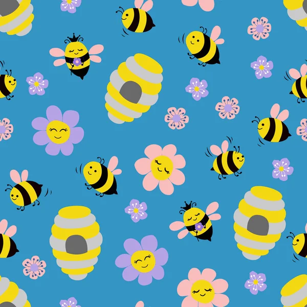 Modèle Sans Couture Avec Jolies Abeilles Dessinées Main Abeille Fleurs — Image vectorielle