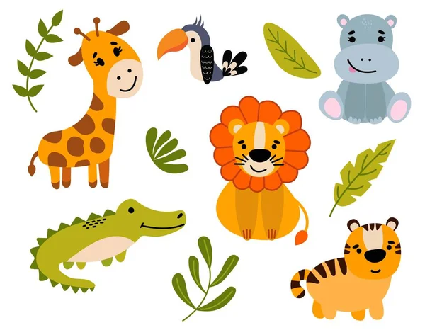 Giungla Set Simpatici Animali Disegnati Mano Leone Tigre Coccodrillo Giraffa — Vettoriale Stock
