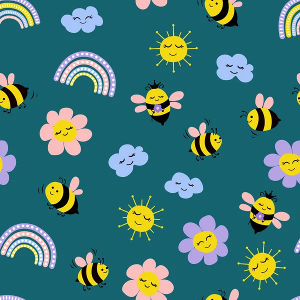 Modèle Bee Seamless Jolies Abeilles Dessinées Main Fleurs Nuages Arc — Image vectorielle