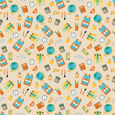 Okula dönelim. Okul unsurlarıyla kusursuz bir düzen. Elle çizilmiş düz stil. Kumaş, tekstil, duvar kağıdı, ambalaj için tasarım.