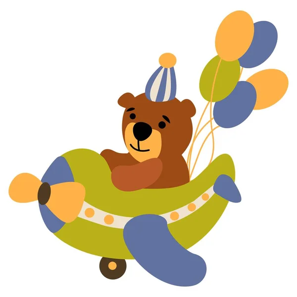 Cute Hand Drawn Teddy Bear Flies Plane Balloons Boho Style — Stock Vector