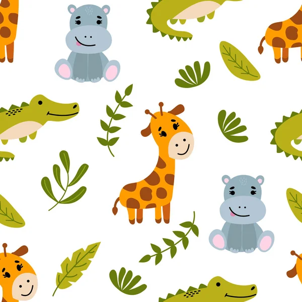 Modèle Sans Couture Avec Des Animaux Dessinés Main Girafe Hippopotame — Image vectorielle