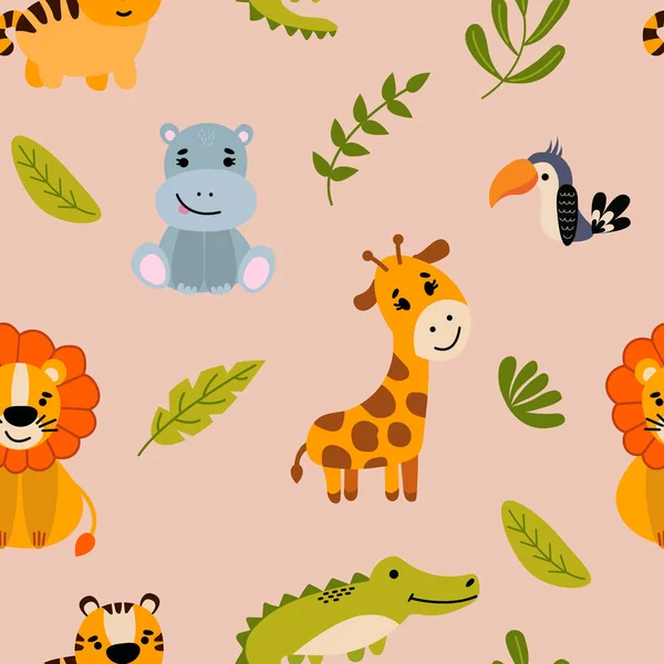 Elle çizilmiş hayvanlarla kusursuz desenler. Aslan, kaplan, su aygırı, zürafa ve tukan. Çocuk odası için tasarım.