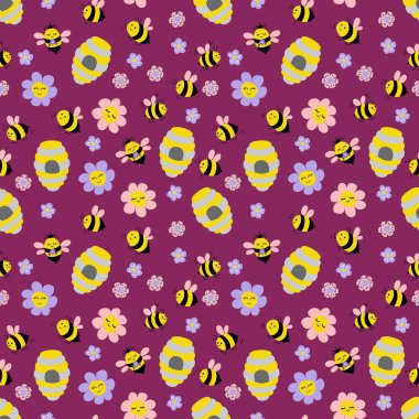 Güzel el çizimi arılar, arılar, çiçekler. Kumaş, tekstil, duvar kağıdı, ambalaj, çocuklar için tasarım.