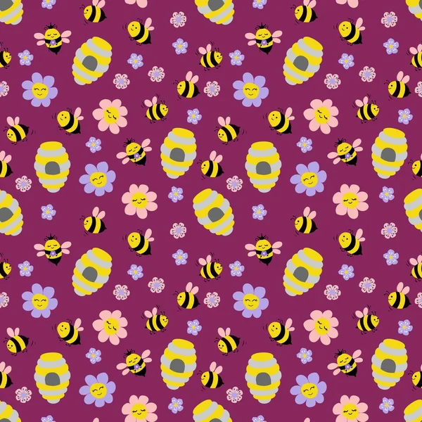 Modèle Sans Couture Avec Jolies Abeilles Dessinées Main Abeille Fleurs — Image vectorielle