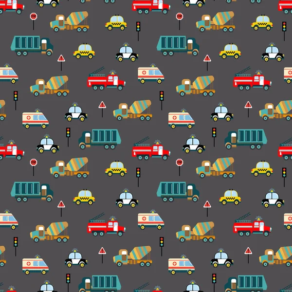 Seamless pattern with road cars. Police, fire department, ambulance, taxi, garbage truck, concrete mixer. Design for the nursery.