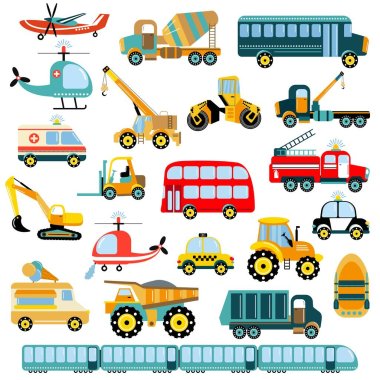 Big set of different vehicles. Illustration for children. Flat style. White background, isolate. Vector illustration.