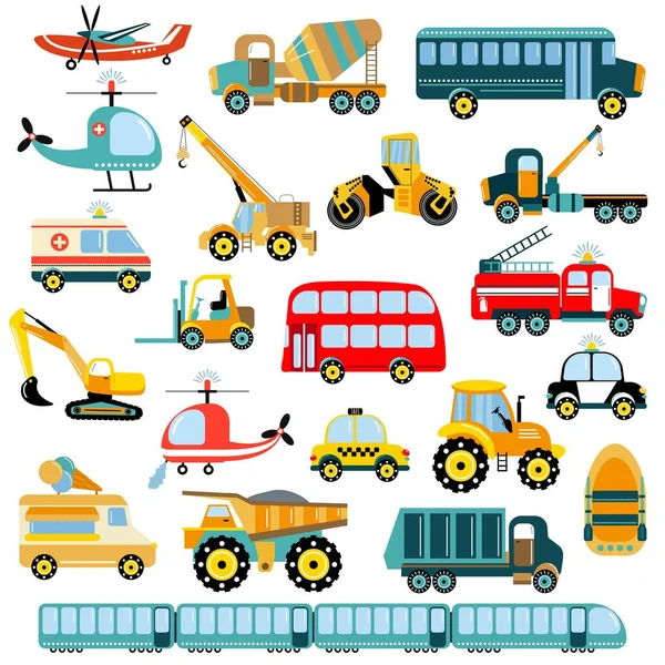 Big Set Different Vehicles Illustration Children Flat Style White Background — ストックベクタ