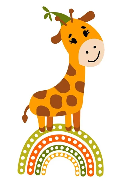 Niedliche Handgezeichnete Giraffe Auf Dem Regenbogen Illustration Für Kinderzimmer Dekoration — Stockvektor