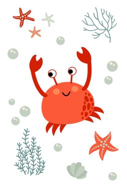 Sevimli el yapımı yengeç, denizyıldızı ve yosunlu kartpostal. Beyaz arka plan, tecrit. Vektör illüstrasyonu.