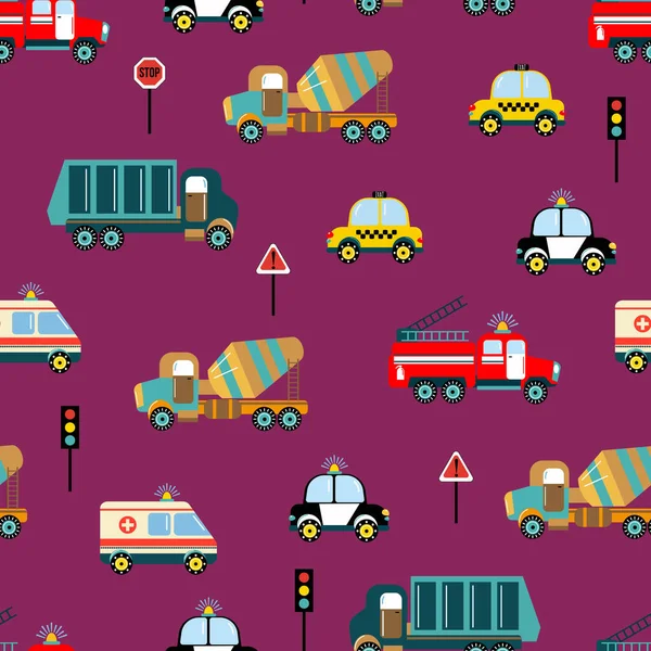 Seamless pattern with road cars. Police, fire department, ambulance, taxi, garbage truck, concrete mixer. Design for the nursery.