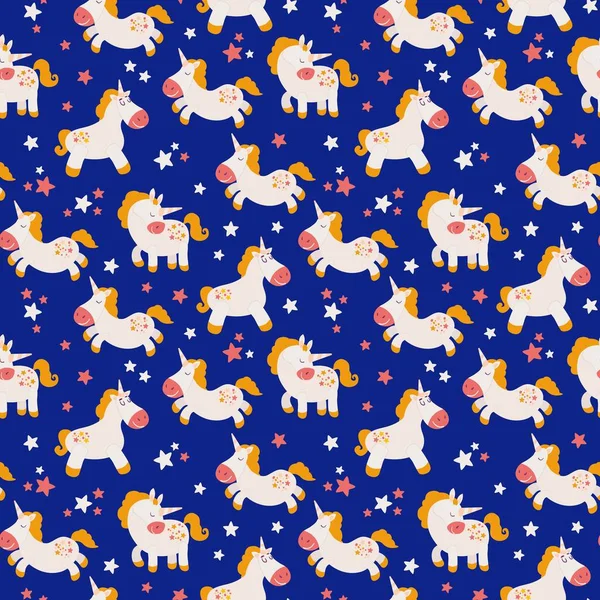 Patrón Sin Costuras Con Lindos Unicornios Dibujados Mano Diseño Para — Vector de stock