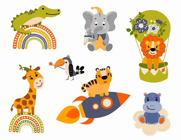 Lindo Conjunto Ilustraciones Animales Para Vivero Personajes Para Niños Fondo — Vector de stock