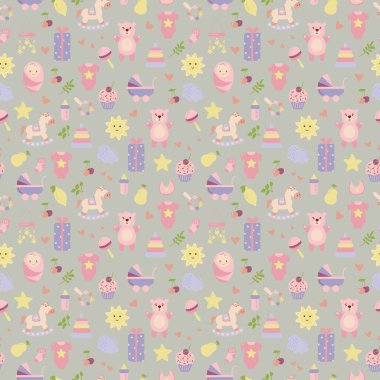 Çocuk oyuncaklarıyla, nesnelerle çocuk kalıpları. Bebeklerle ilgili sorunsuz bir geçmişi var. Kumaş, tekstil, duvar kağıdı, ambalaj, çocuk odası dekorasyonu..