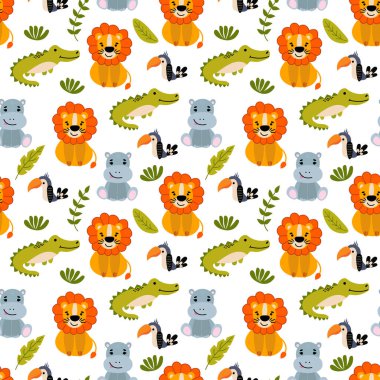 Sevimli el yapımı hayvanlarla kusursuz desen. Aslan, su aygırı, timsah ve tukan. Kumaş, tekstil, duvar kağıdı, ambalaj, çocuk odası dekorasyonu için tasarım.
