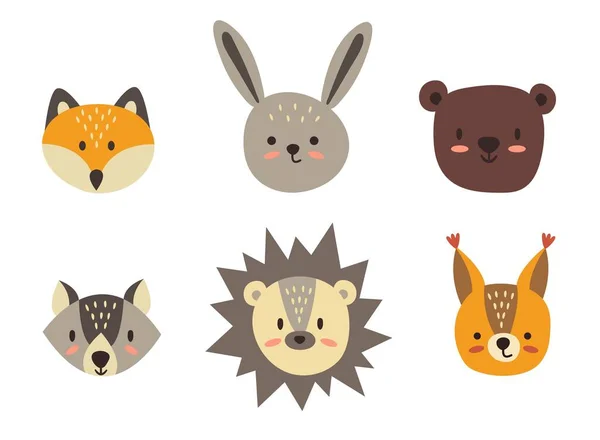 Jolies Têtes Dessinées Main Animaux Forêt Renard Lièvre Ours Loup — Image vectorielle