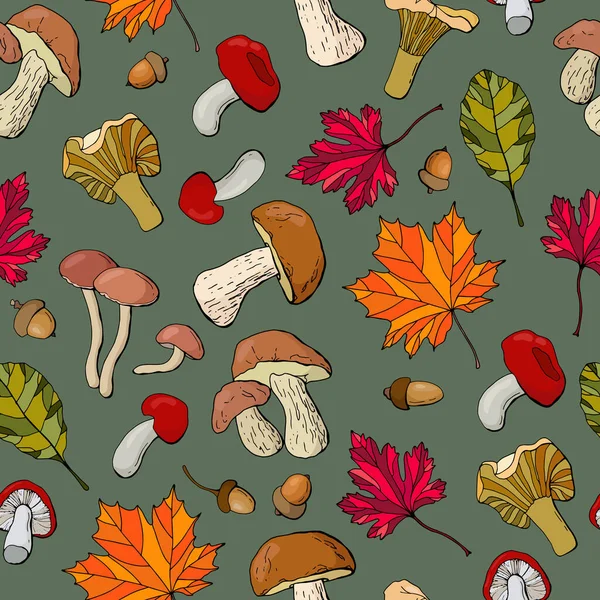 Outono Sem Costura Padrão Com Cogumelos Bolotas Castanhas Folhas Design — Vetor de Stock