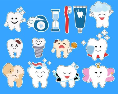Diş etiketleri ayarlandı. Çocuk çizimi. Vektör.