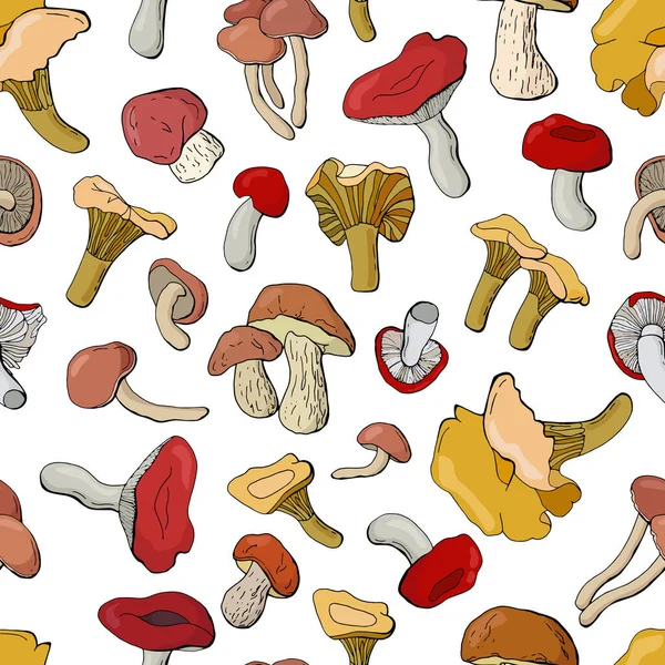 Sonbahar, mantarlı, pürüzsüz desen. Beyaz mantar, chanterelles, bal agarics, russula. Kumaş, tekstil, duvar kağıdı, ambalaj için tasarım.