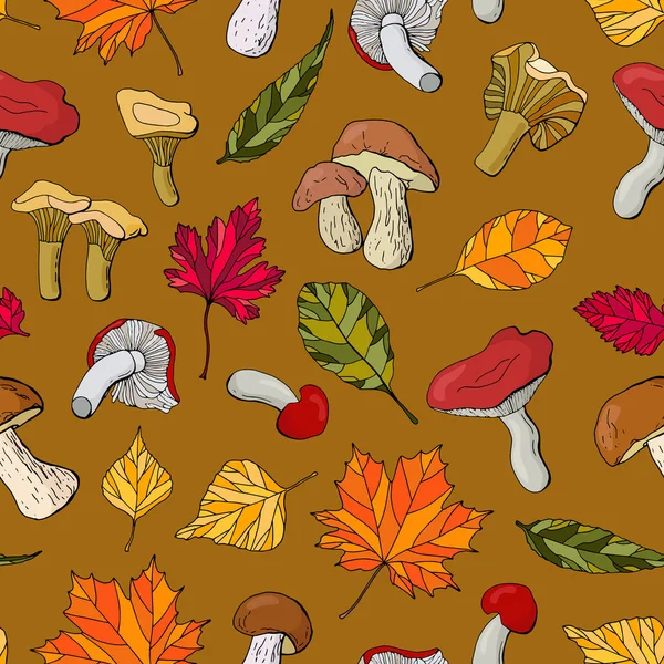 Jesienny Bezszwowy Wzór Grzybami Liśćmi Projekt Tkaniny Tkaniny Tapety Opakowania — Wektor stockowy