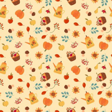 Su ısıtıcısı, sepet, balkabağı, böğürtlen, mantar, armut, elma ve yapraklarla sonbahar dikişsiz desen. Kumaş, tekstil, duvar kağıdı, ambalaj için tasarım.