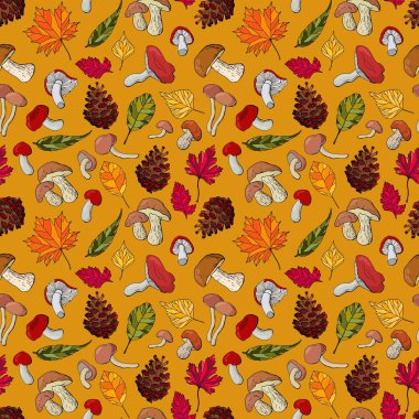 Mantarlı, meşe palamutlu, kozalaklı ve yapraklı sonbahar dikişsiz deseni. Kumaş, tekstil, duvar kağıdı, ambalaj için tasarım.