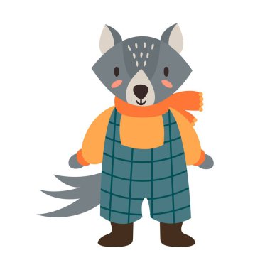 Cartoon Illustration of a Wolf Wearing Overalls