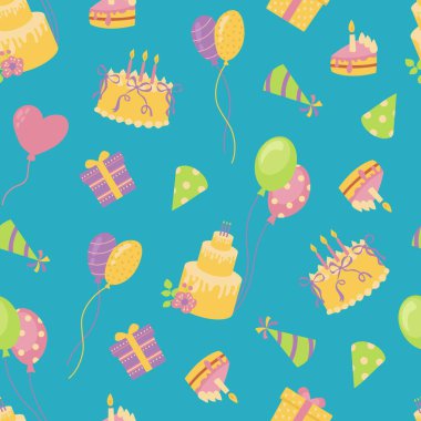 Birthday Party Seamless Pattern with Cakes and Balloons. Design for fabrics, textiles, wallpaper, packaging