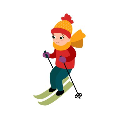 Kış giysileriyle kayak yapan çocuk tasviri. Beyaz arkaplan, izole et