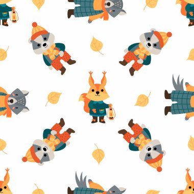 Sonbahar Yapraklı Kusursuz Hayvanlar Şablonu. Kumaş, tekstil, duvar kağıdı, ambalaj için tasarım