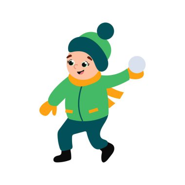 Çocuk Kartopu Fırlatırken İllüstrasyon. Beyaz arkaplan, izole et