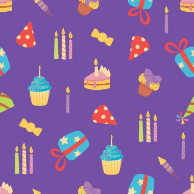 Mor Arkaplanda Kusursuz Doğum günü Partisi Şablonu. Kumaş, tekstil, duvar kağıdı, ambalaj için tasarım.