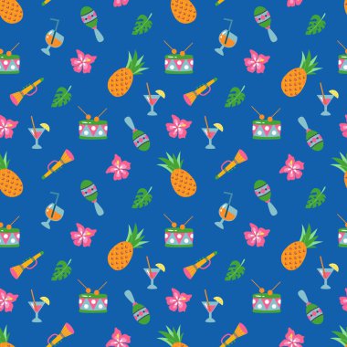 Meyve ve Müzikli Tropik Yaz Şablonu. Kumaş, tekstil, duvar kağıdı, ambalaj için tasarım.