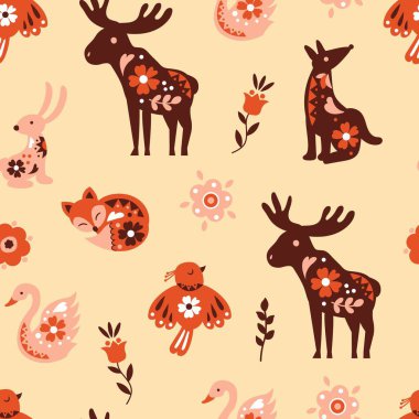 Halk Sanatları Hayvanı ve Çiçekler Kusursuz Şablon. Kumaş, tekstil, duvar kağıdı, ambalaj için tasarım