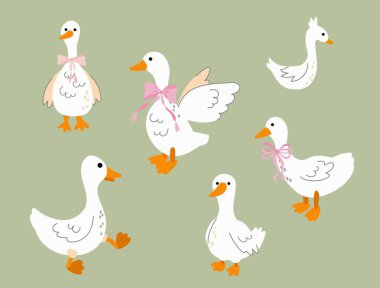 Kazları ve pembe fiyonkları olan şirin bir illüstrasyon.