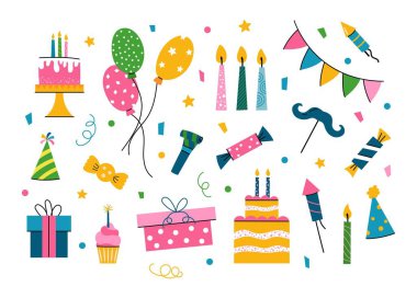 Doğum günü partisi unsurları koleksiyonu. Renkli elementler: balonlar, hediyeler, pastalar, şekerler, mumlar, bayraklar, konfetiler