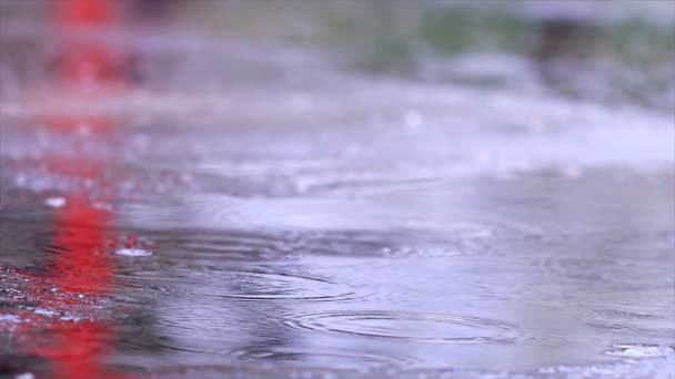 Slow Motion Close Regendruppels Vallen Plas Asfalt Regen Water Druppels — Stockvideo