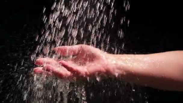 Water Pours Hand Slow Motion Footage Black Background Shoot Red — Stock Video