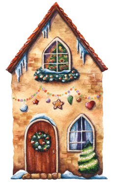 Süslü Noel evinin elle çizilmiş vektör çizimi. Kartpostallar, posterler, hatıralar ve dekorlar için suluboya şenlik evi. Noel ve Yeni Yıl bayramı havası