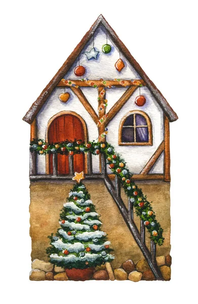 İki katlı Noel evinin elle çizilmiş bir resmi. Kartpostallar, posterler, hatıralar için Noel ağacı olan suluboya şenlik evi. Noel ve Yeni Yıl bayramı havası
