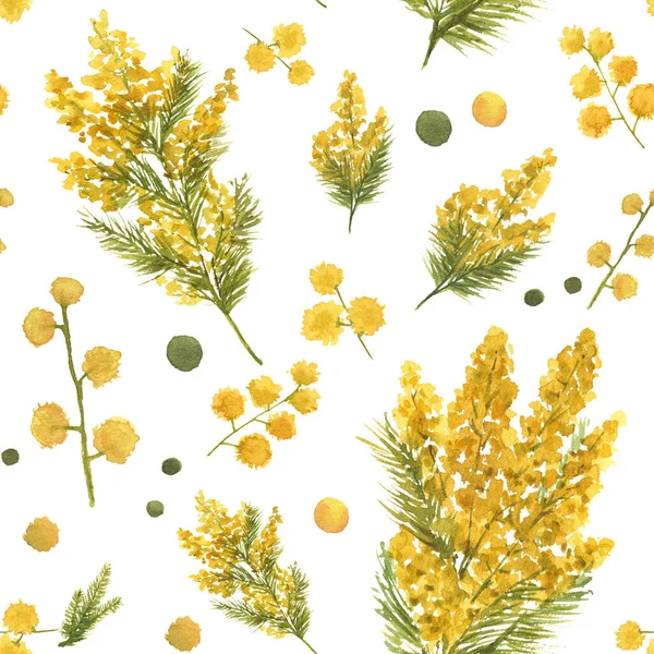 Motif Mimosa Aquarelle Sans Couture Avec Des Feuilles Vertes Des — Photo