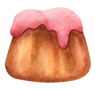 Beyaz arka planda pembe camlı gerçekçi suluboya kek. Tatlı vektör çizimi desenli kek üzeri jöleli.
