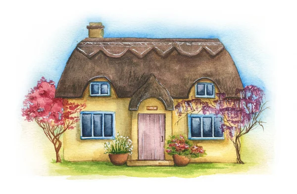 Hand Drawn Illustration Traditional English Village House Isolated White Background — Stock Photo, Image