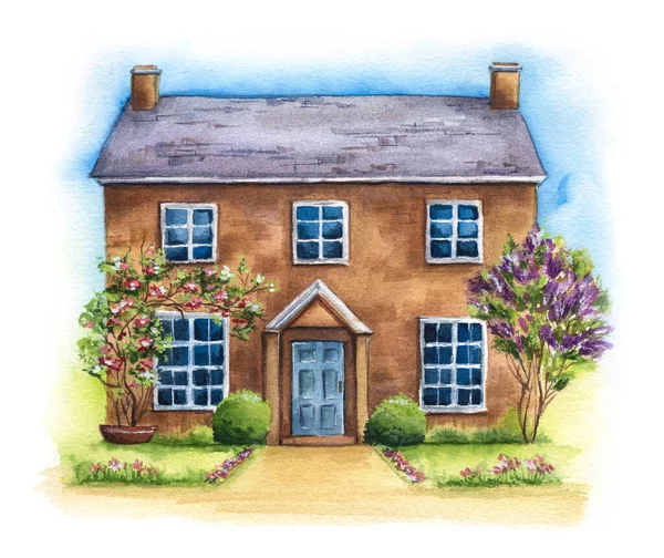 传统的两层英国房子 绿色草坪上 白色背景的紫丁香 带有花园和天空的英国村舍的水彩画 — 图库照片#