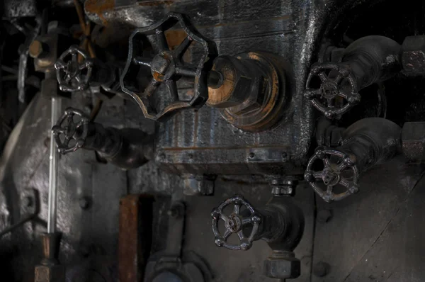 Antik steam locomotive cocpit gombok — Stock Fotó
