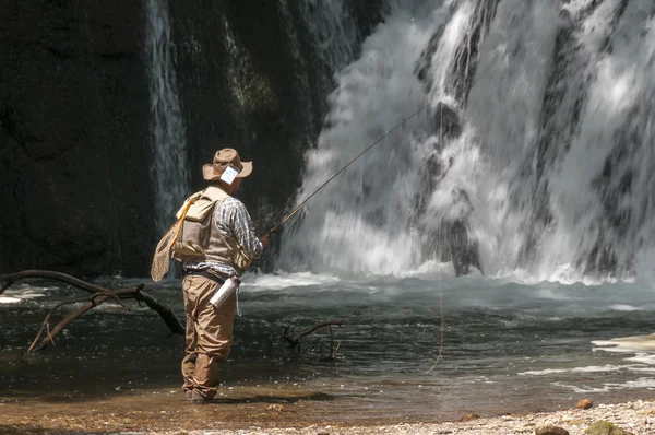 Senior fisherman catching fishes in fresh stream — Stock Photo, Image