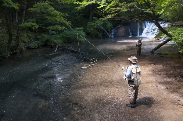 Senior fisherman catching fishes in fresh stream — Stock Photo, Image