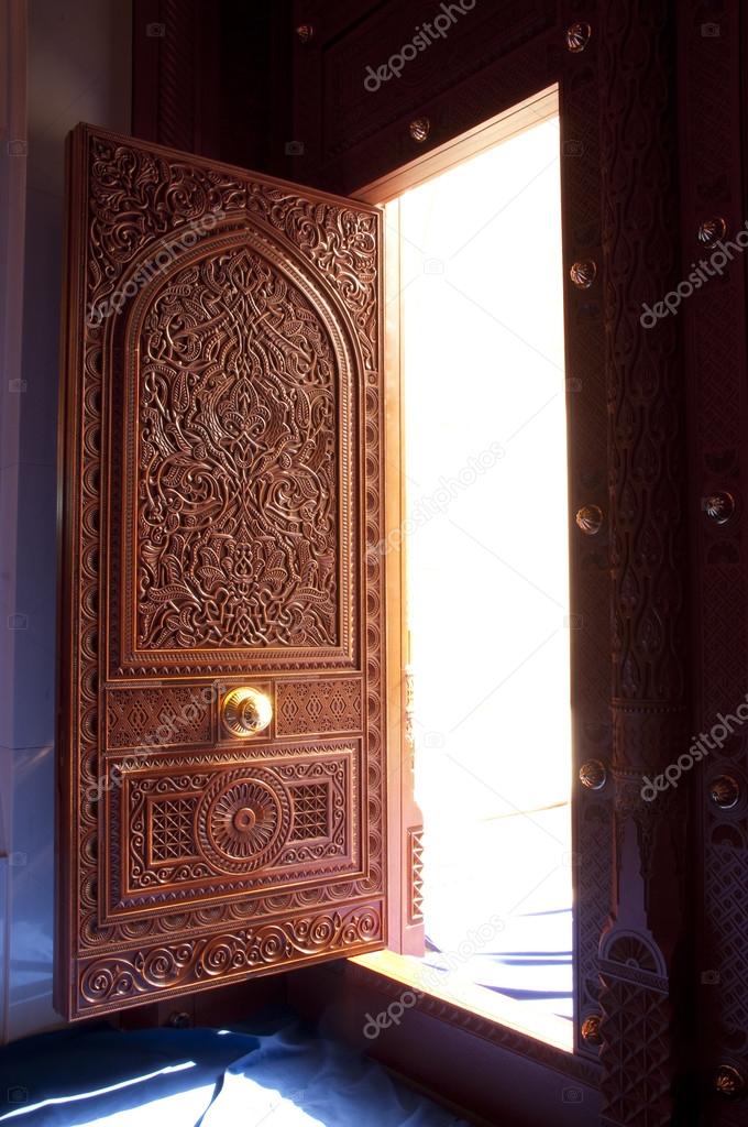 Wooden door of the Sultan Qaboos Grand Mosque, Oman